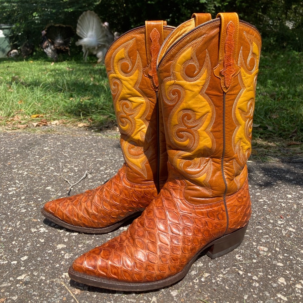 Gorgeous vintage golden Soto cowboy western anteater print boots mens 8.5 E